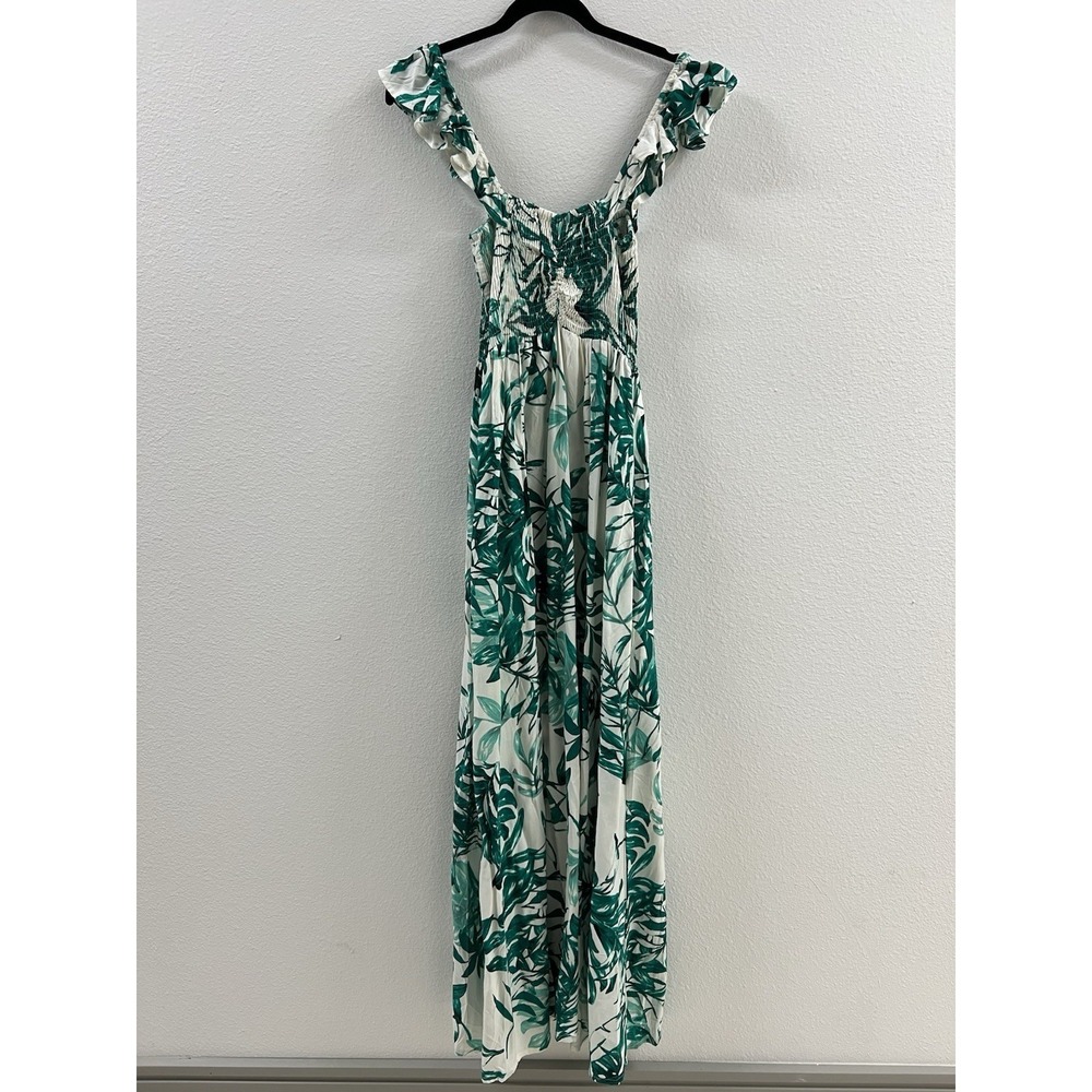 BOHO ME Resort Pool Cruise Sun Dress Green Leaves over White - Size S